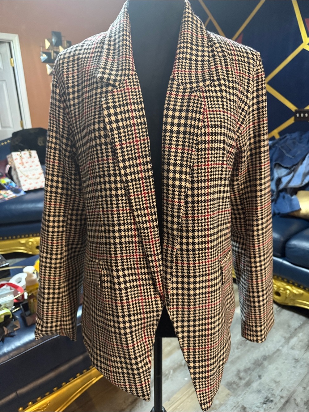 New York & Co Classic Houndstooth Plaid Blazer - White, Black & Red